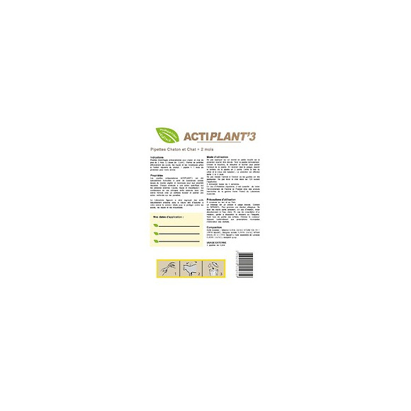 Pipettes antiparasitaires  ACTIPLANT'3 chaton et petit chat.