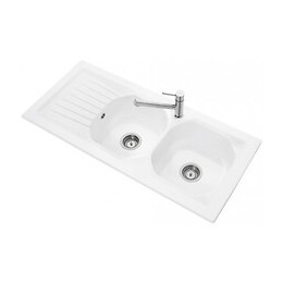 Evier à encastrer en grès blanc. 2 bacs + 1 égouttoir.