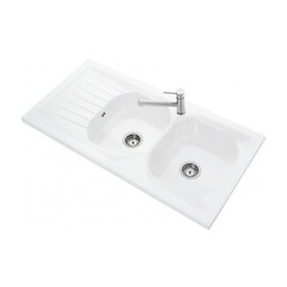 Evier à poser en grès blanc. 2 bacs + 1 égouttoir.