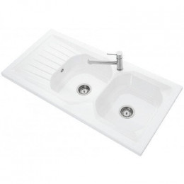 Evier à poser en grès blanc. 2 bacs + 1 égouttoir.