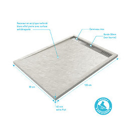 Receveur Extra Plat À Poser 120x90cm Caniveau - Acrylique Blanc Effet Pierre - Anti-dérapant - Moon