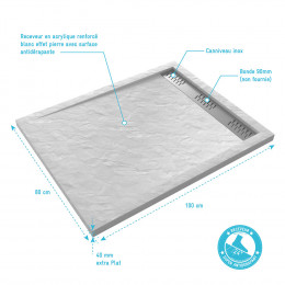 Receveur Extra Plat À Poser 100x80cm Caniveau - Acrylique Blanc Effet Pierre Anti-dérapant - Moon