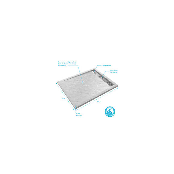 Receveur Extra Plat À Poser 100x80cm Caniveau - Acrylique Blanc Effet Pierre Anti-dérapant - Moon