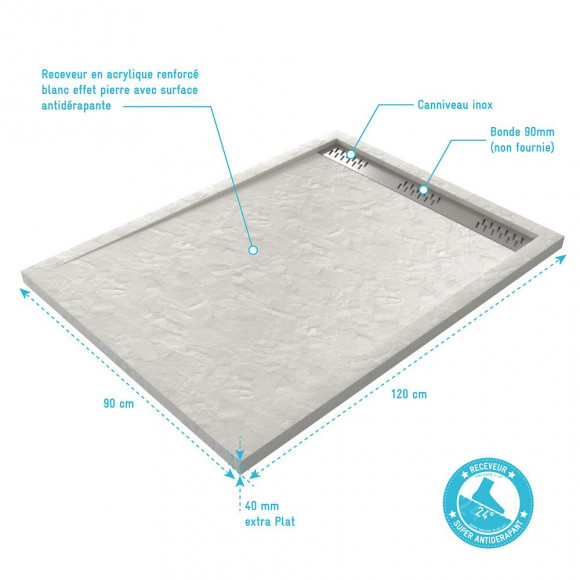 Receveur Extra Plat À Poser 120x90cm Caniveau - Acrylique Blanc Effet Pierre - Anti-dérapant - Moon