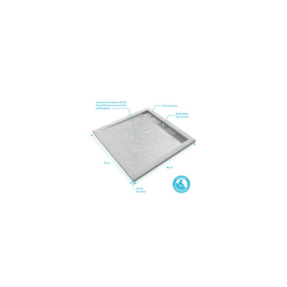 Receveur Extra Plat A Poser 80x80 Cm Caniveau - Blanc - Anti-derapant - Moon Square Linear 80