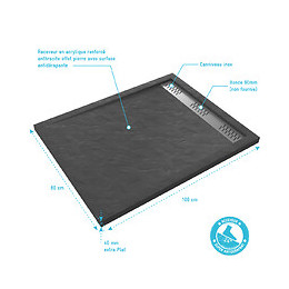 Receveur Extra Plat A Poser 100x80 Cm Caniveau - Acrylique Renforce Gris Effet Pierre