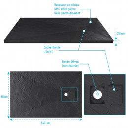 Receveur À Poser En Matériaux Composite Smc - Finition Ardoise Noire - 90x140cm - Rock 2 Black 90