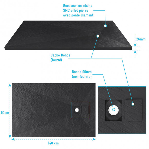 Receveur À Poser En Matériaux Composite Smc - Finition Ardoise Noire - 90x140cm - Rock 2 Black 90