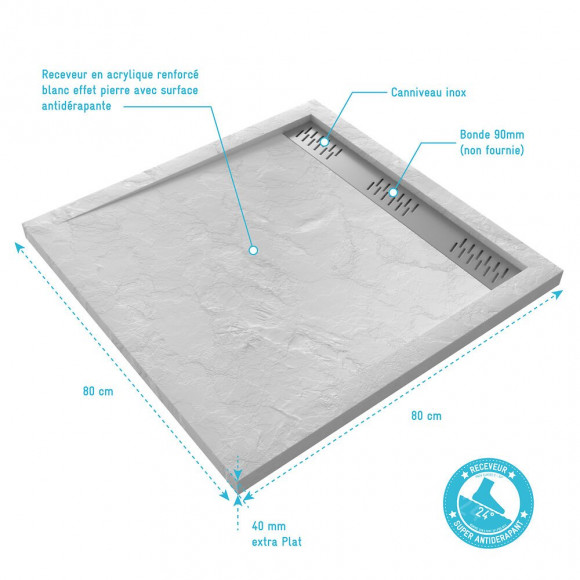 Receveur Extra Plat A Poser 80x80 Cm Caniveau - Blanc - Anti-derapant - Moon Square Linear 80