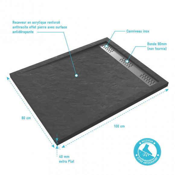 Receveur Extra Plat A Poser 100x80 Cm Caniveau - Acrylique Renforce Gris Effet Pierre