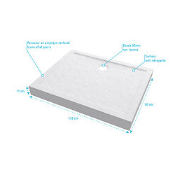 Receveur Haut A Poser 120x80x11cm - Acrylique Renforce Blanc Effet Pierre - Anti-derapant