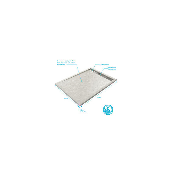 Receveur Extra Plat À Poser 120x80cm Caniveau - Acrylique Blanc Effet Pierre - Anti-dérapant - Moon