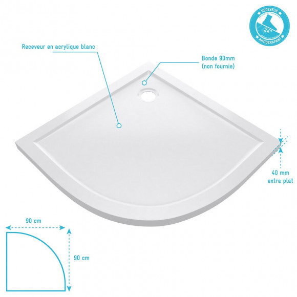 Receveur De Douche A Poser Extra Plat En Acrylique Blanc 1-4 De Cercle - 90x90cm