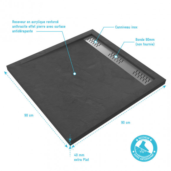 Receveur Extra Plat A Poser - A Caniveau - Acrylique Renforce Gris Effet Pierre - Anti-derapant