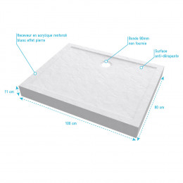 Receveur Haut A Poser 100x80x11 Cm - Acrylique Renforce Blanc Effet Pierre - Anti-derapant