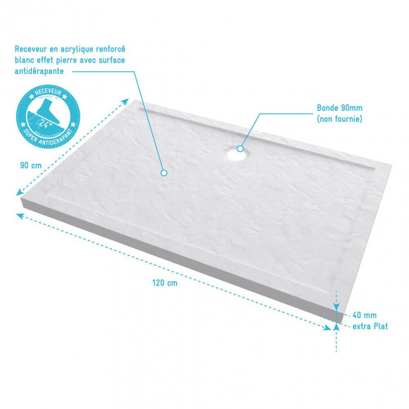 Receveur De Douche A Poser Rectangle Extra Plat En Acrylique Renforcee Blanc - Finition Pierre