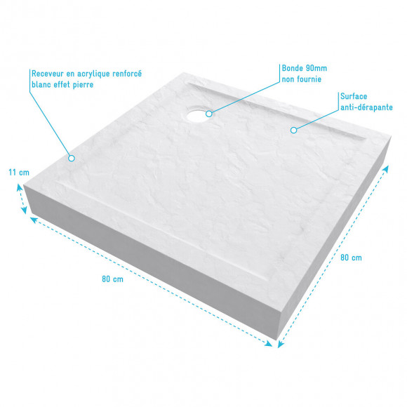 Receveur Haut A Poser 80x80cm - Acrylique Renforce Blanc Effet Pierre - Anti-derapant