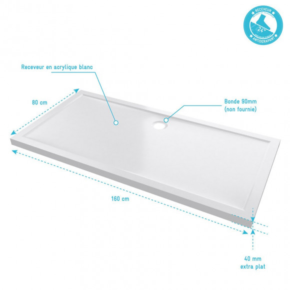 Receveur De Douche A Poser Extra-plat En Acrylique Blanc Rectangle - 160x80cm - Bac De Douche