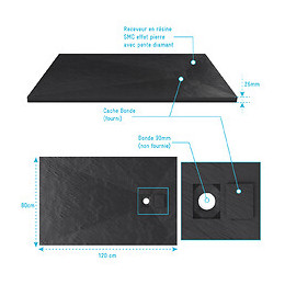 Receveur À Poser En Matériaux Composite Smc - Finition Ardoise Noire - 80x120cm - Rock 2 Black 80