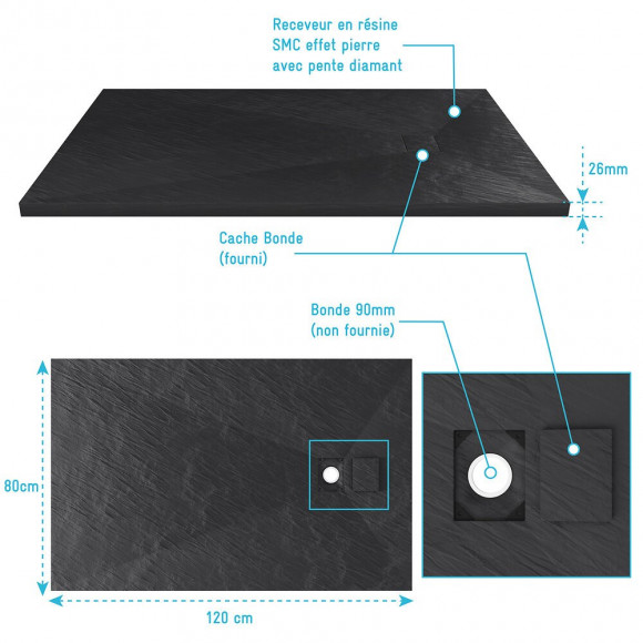 Receveur À Poser En Matériaux Composite Smc - Finition Ardoise Noire - 80x120cm - Rock 2 Black 80