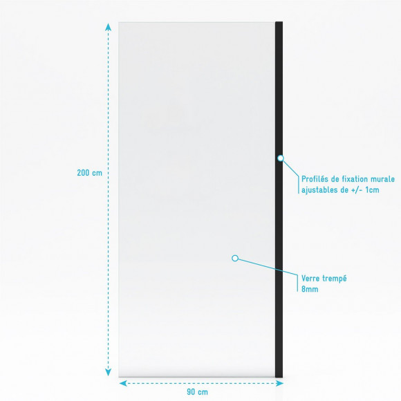 Paroi De Retour Pour Paroi Porte De Douche Type Industriel Noir Mat - 90x200cm - Verre Trempe 8mm