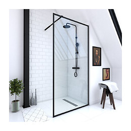 Paroi De Douche A L'italienne 100x200 Verre Trempe 6mm-cadre Et Barre De Fixation Ajustable Noir Mat