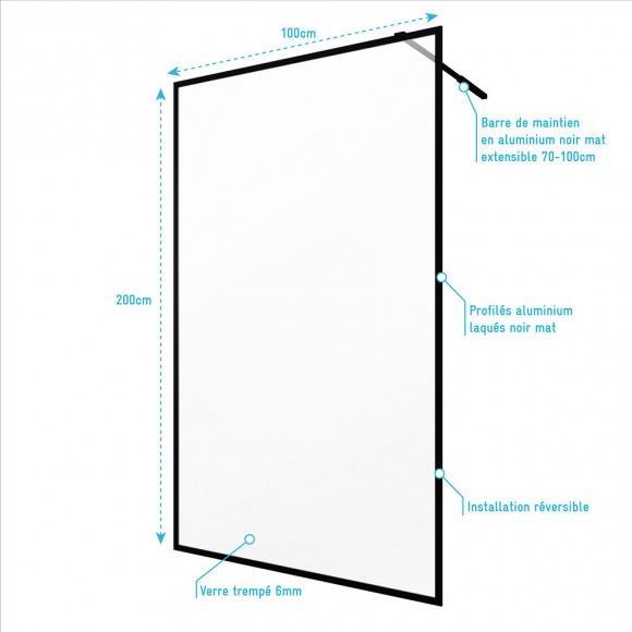Paroi De Douche A L'italienne 100x200 Verre Trempe 6mm-cadre Et Barre De Fixation Ajustable Noir Mat