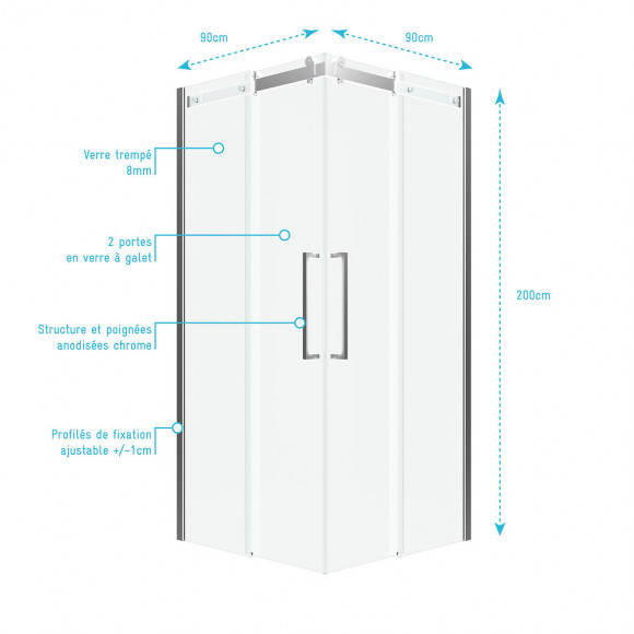 Porte De Douche Carree - Rolling Chromed Square 90x90