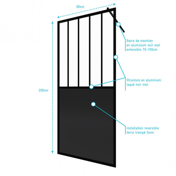 Paroi De Douche 90x200 Cm Type Verrieres - Verre Trempe 5mm Et Structure Aluminium Noir Mat