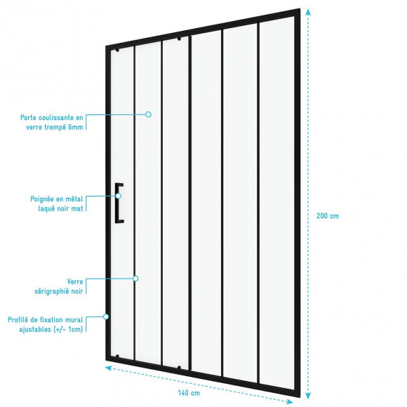 Paroi Porte De Douche Coulissante Sérigraphié - 140x200cm - Profile Noir Mat Verre 6mm - Crushx 140