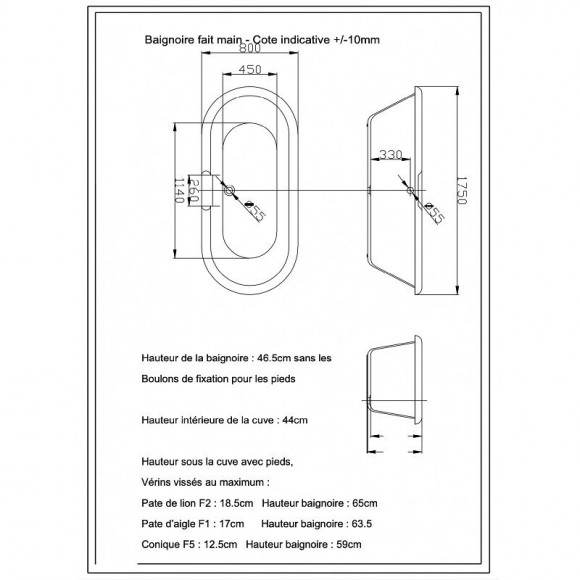 Baignoire Îlot Charly Blanche Rétro + Pieds Conique Blanc