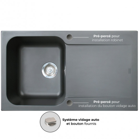 Lisse Évier Réversible 1 Cuve 1 Égouttoir En Résine Noir
