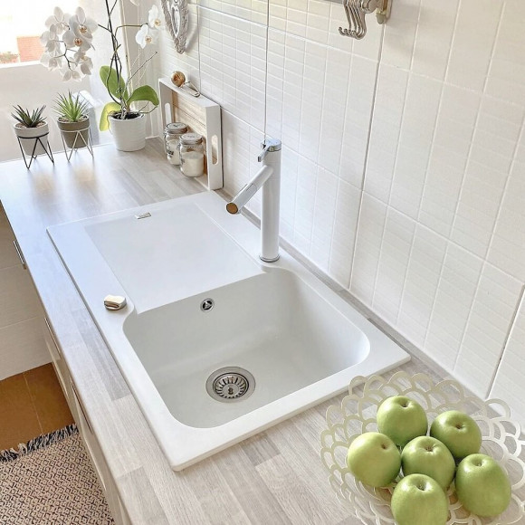 Lisse Évier Réversible 1 Cuve 1 Égouttoir En Résine Blanc