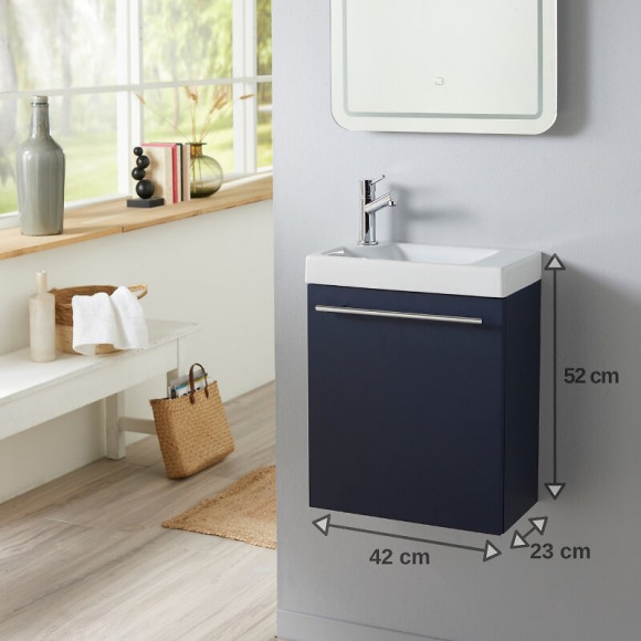 Meuble Lave Mains Bleu Nuit Avec Lave Mains En Céramique Et Robinet Eau Froide À Gauche