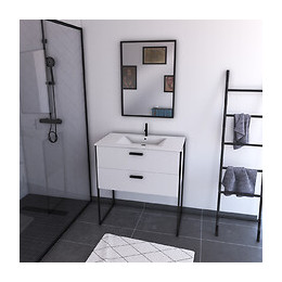 Ensemble Meuble De Salle De Bain - Blanc Avec Pieds Style Industriel - 2 Tiroirs - Vasque Blanche