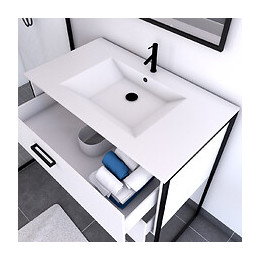 Ensemble Meuble De Salle De Bain - Blanc Avec Pieds Style Industriel - 2 Tiroirs - Vasque Blanche