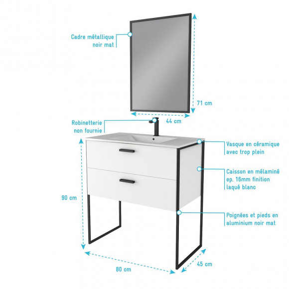 Ensemble Meuble De Salle De Bain - Blanc Avec Pieds Style Industriel - 2 Tiroirs - Vasque Blanche