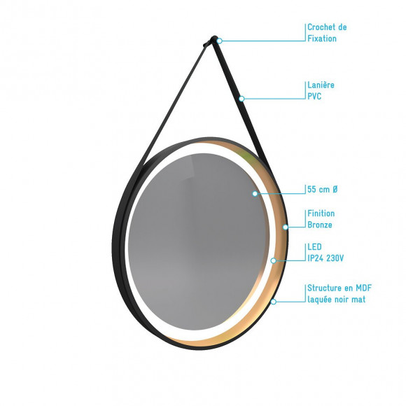 Miroir Salle De Bain Rond - Diamètre 55cm - Noir Mat Et Finition Bronze - Circle Horus Led
