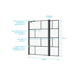 Pare Baignoire Avec Volet Pivotant - Profile Noir Mat - 130x104 (hxl) - Verre 5mm Sérigraphié