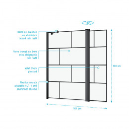 Pare Baignoire Avec Volet Pivotant - Profile Noir Mat - 130x104 (hxl) - Verre 5mm Sérigraphié