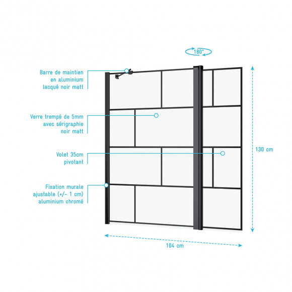 Pare Baignoire Avec Volet Pivotant - Profile Noir Mat - 130x104 (hxl) - Verre 5mm Sérigraphié