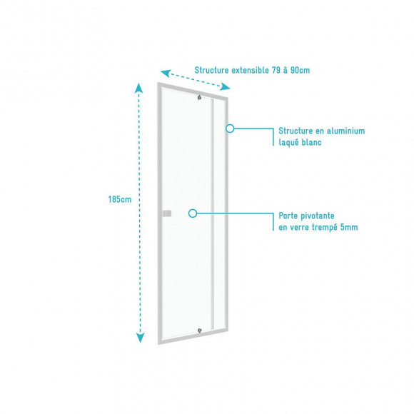 Paroi Porte De Douche Pivotante Blanc Extensible 79 À 90cm De Largeur - Verre Transparent - Whity