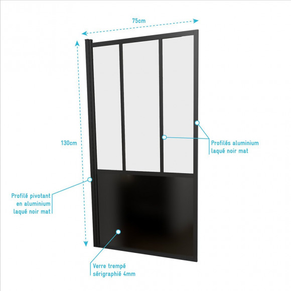 Pare Baignoire Pivotant 130x75 Cm - Type Verriere - Profile Noir Mat - Verre Trempe - Glassy Screen