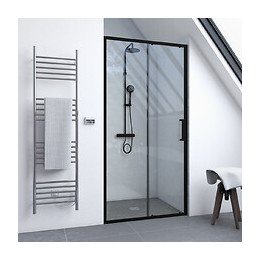 Paroi Porte De Douche Coulissante-100x200 -porte Coulissante -profile Noir Mat-verre Transparent 6mm