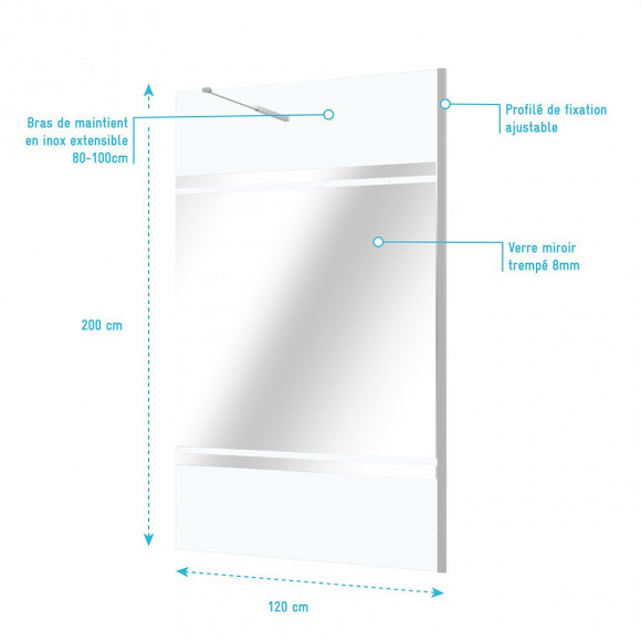 Paroi En Verre Avec Bande Miroir Pour Douche À L'italienne - Bras De Maintien - 120x200