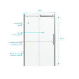 Paroi De Douche 140x200 Cm + 1 Porte Coulissante Verre Trempé 8mm - Sens D'ouverture Réversible