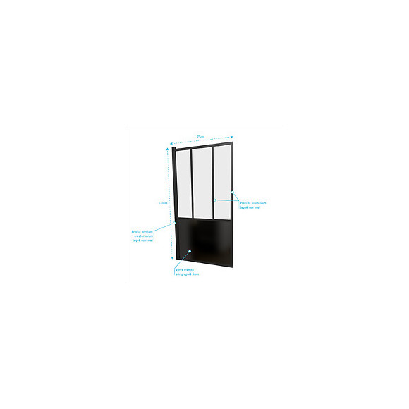 Pare Baignoire Pivotant 130x75 Cm - Type Verriere - Profile Noir Mat - Verre Trempe - Glassy Screen