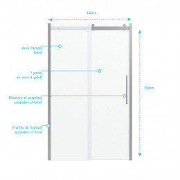 Paroi De Douche 140x200 Cm + 1 Porte Coulissante Verre Trempé 8mm - Sens D'ouverture Réversible