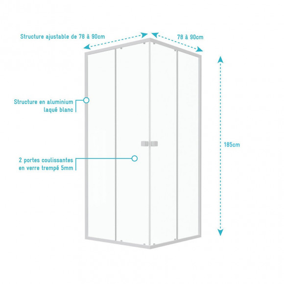 Paroi Porte De Douche Carrée Blanc Extensible 77 À 90cm De Largeur - Verre Transparent - Whity
