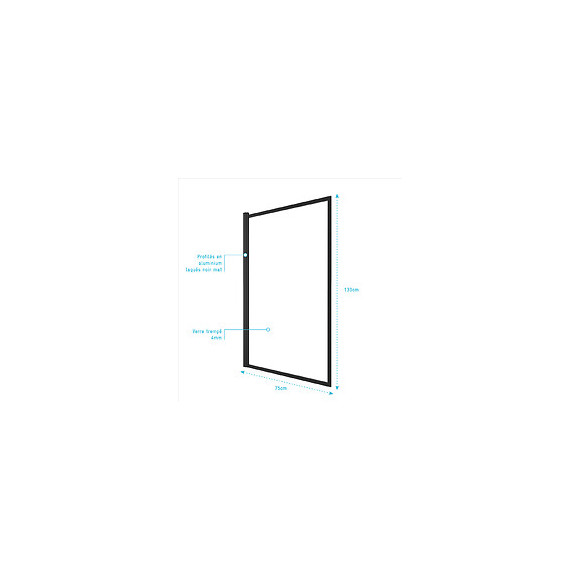 Pare Baignoire Pivotant - Profiles Noir Mat - Dim: 130x75cm - Verre Transparent 4mm - Contouring